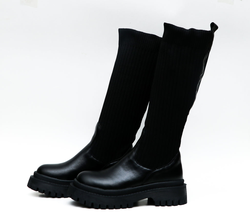 Bottes Hautes Noires avec Élastique et Semelle Crantée