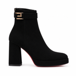 Bottines en Daim Noir Élégantes à Talon Bloc avec Détail Doré – vue de profil sur fond blanc
